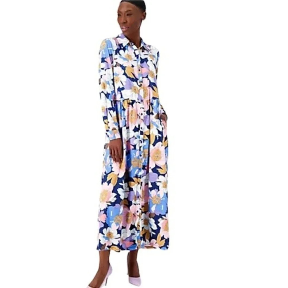 Tolani floral long sleeve shirt style drop waist maxi dress size 3X NWT